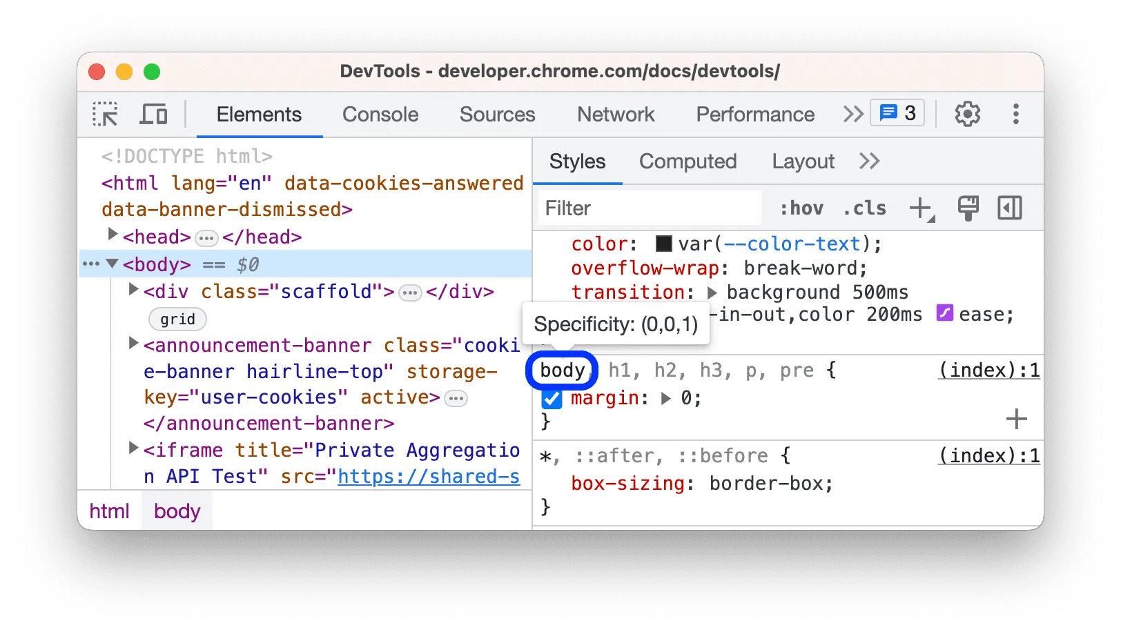 Captura de las herramientas de desarrollador de Chrome donde se muestra la especificidad de un selector al colocar el cursor sobre él en el panel de estilos